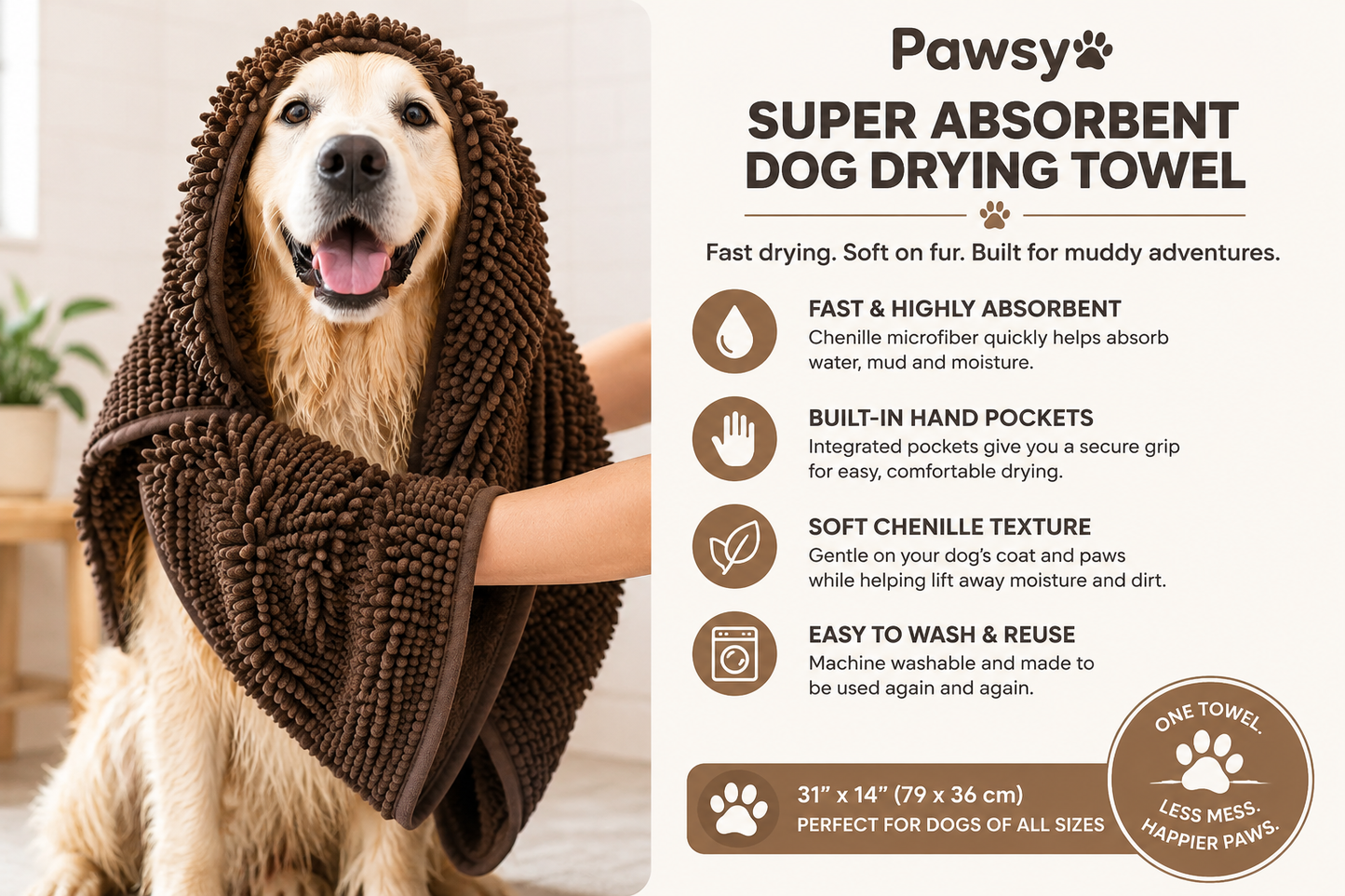 Pawsy Super Absorbent Dog Towel – Soft Chenille Microfiber Quick-Dry Towel with Hand Pockets