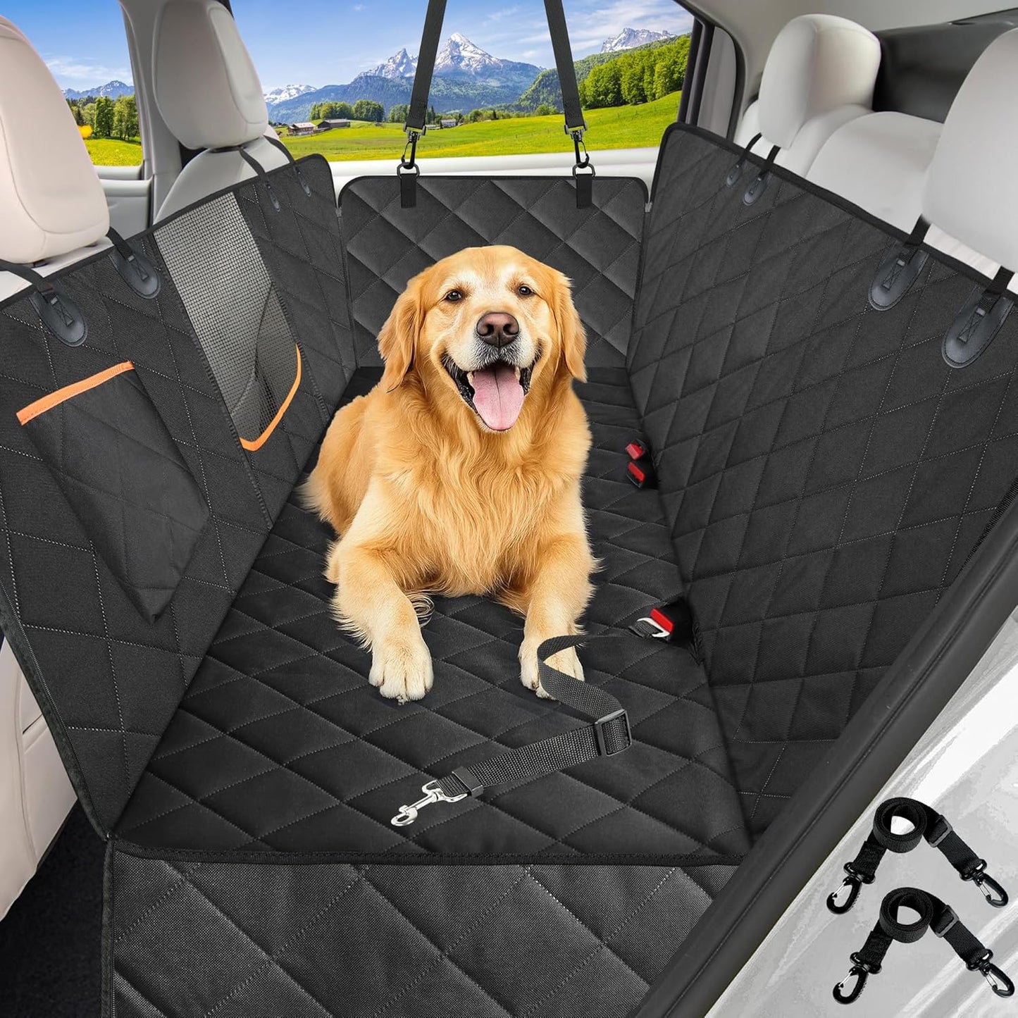 Pawsy Waterproof Dog Car Seat Cover – Back Seat Hammock with Side Flaps & Mesh Window